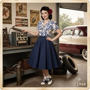 Collectif London Top XXS Blue White Floral Tie Retro Pinup 40s 50s Rockabilly